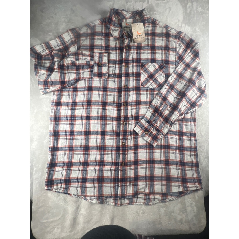 Field & Stream Mens 3XLT Plaid Flannel Button Down Shirt Navy Orange White NEW